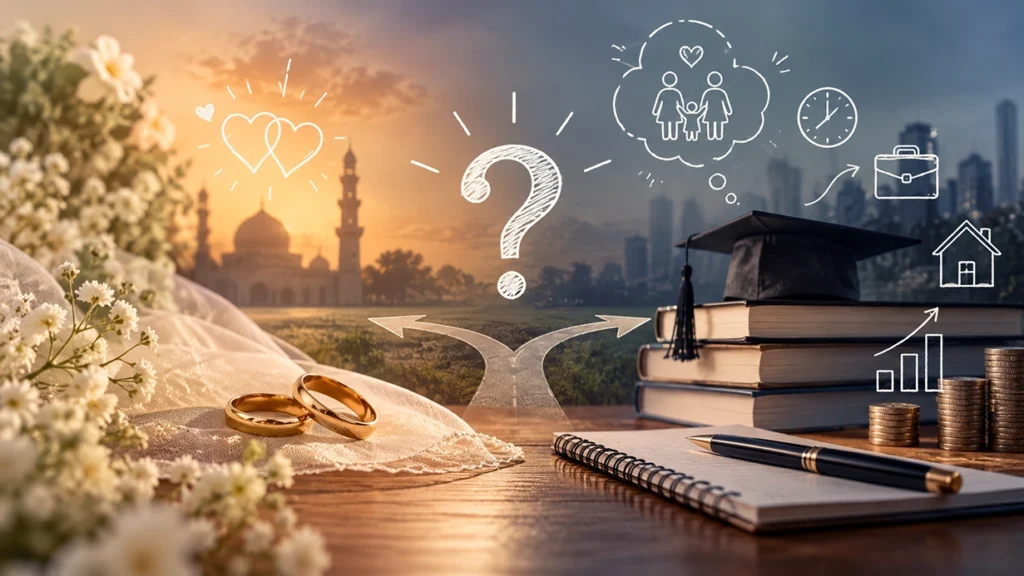 Cincin pernikahan, buku kuliah, dan topi wisuda menggambarkan pertimbangan menikah muda dan kesiapan masa depan