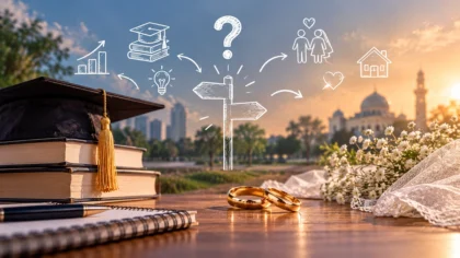 Cincin pernikahan di samping buku kuliah dan topi wisuda menggambarkan pilihan nikah muda bagi mahasiswa