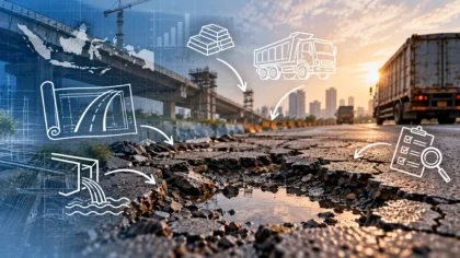 alan berlubang dan retak yang menggambarkan persoalan kualitas konstruksi jalan di Indonesia